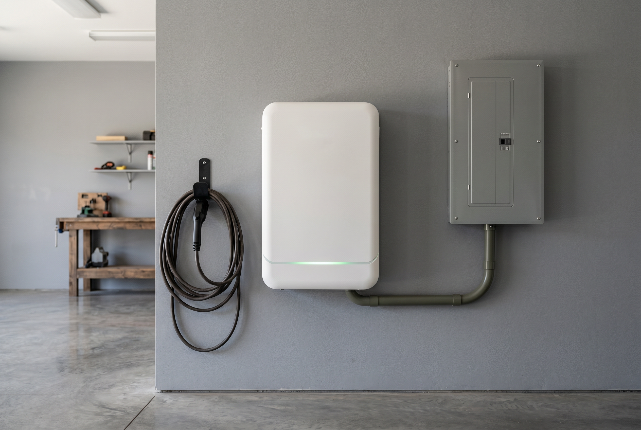 Wall-mounted home battery storage unit installed in a clean garage