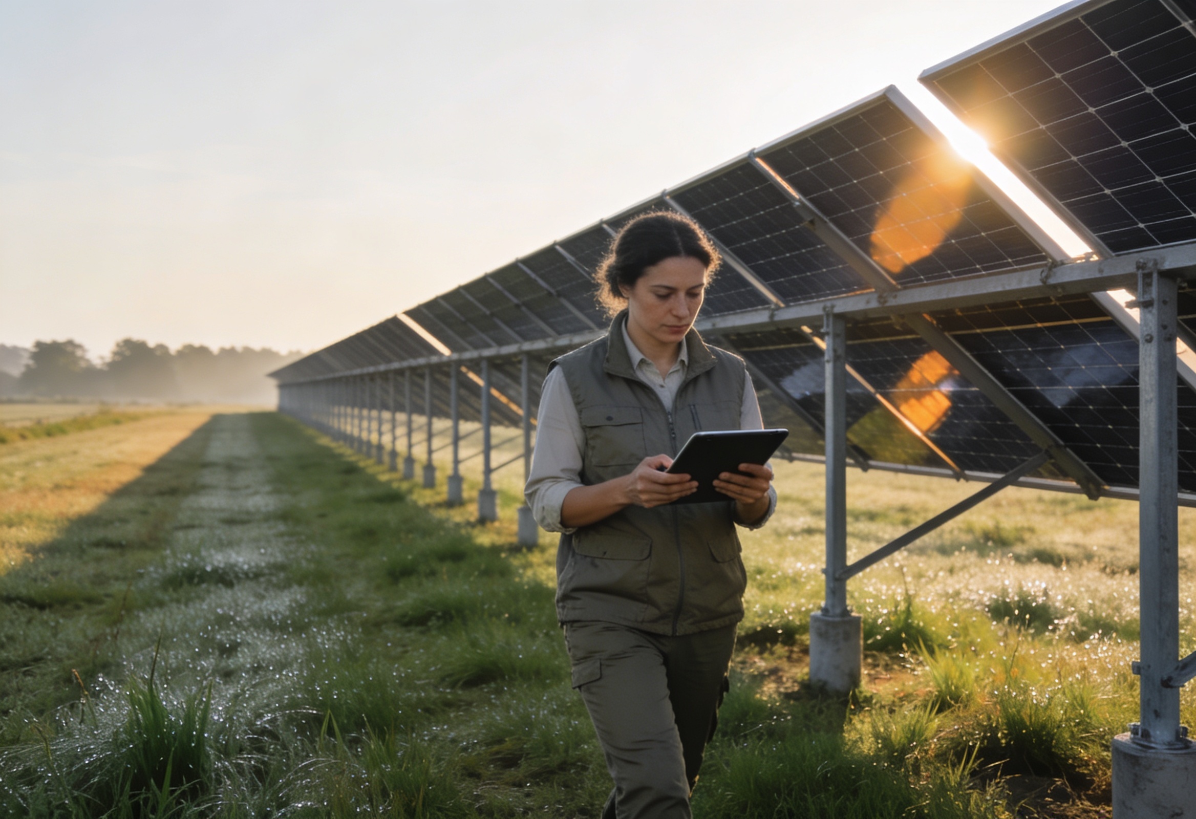 Engineer inspecting a row of ground-mounted solar panels in a rural field