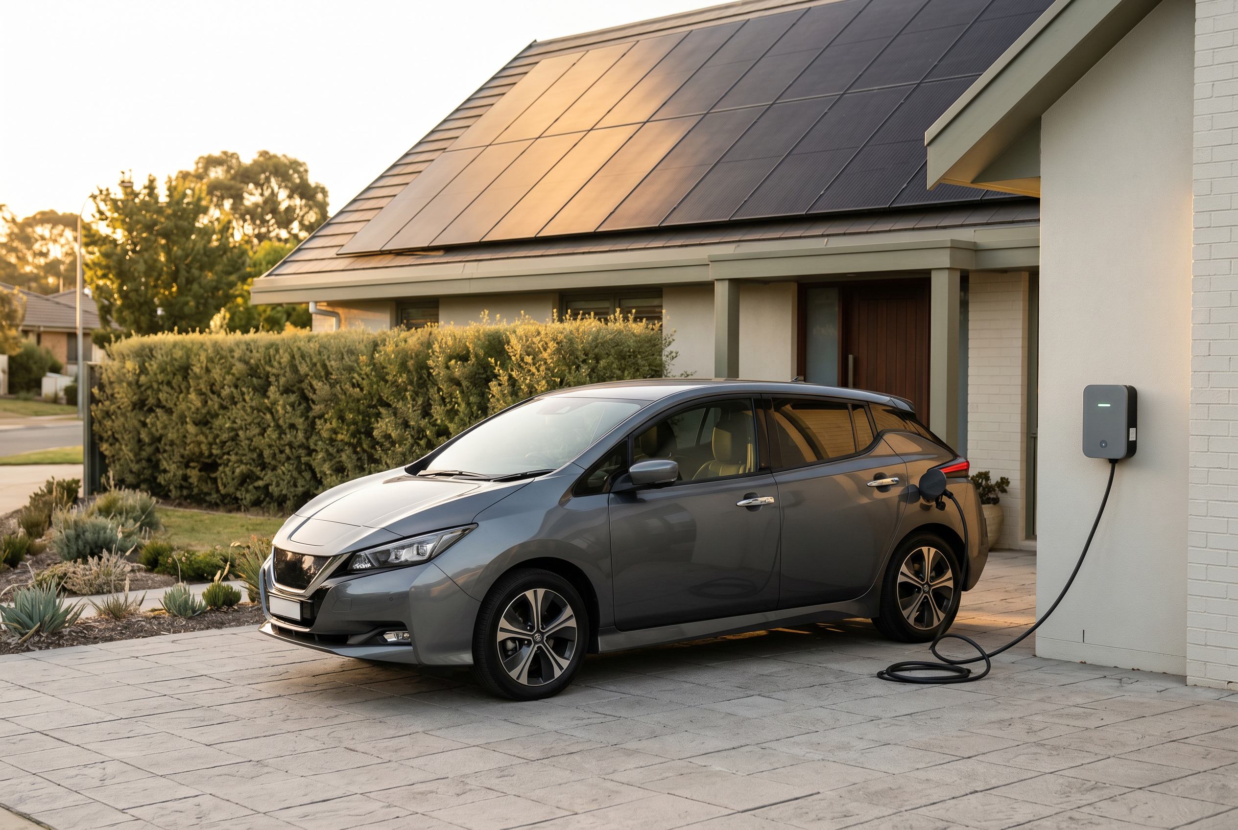 Electric car charging in a driveway beside a house with rooftop solar panels