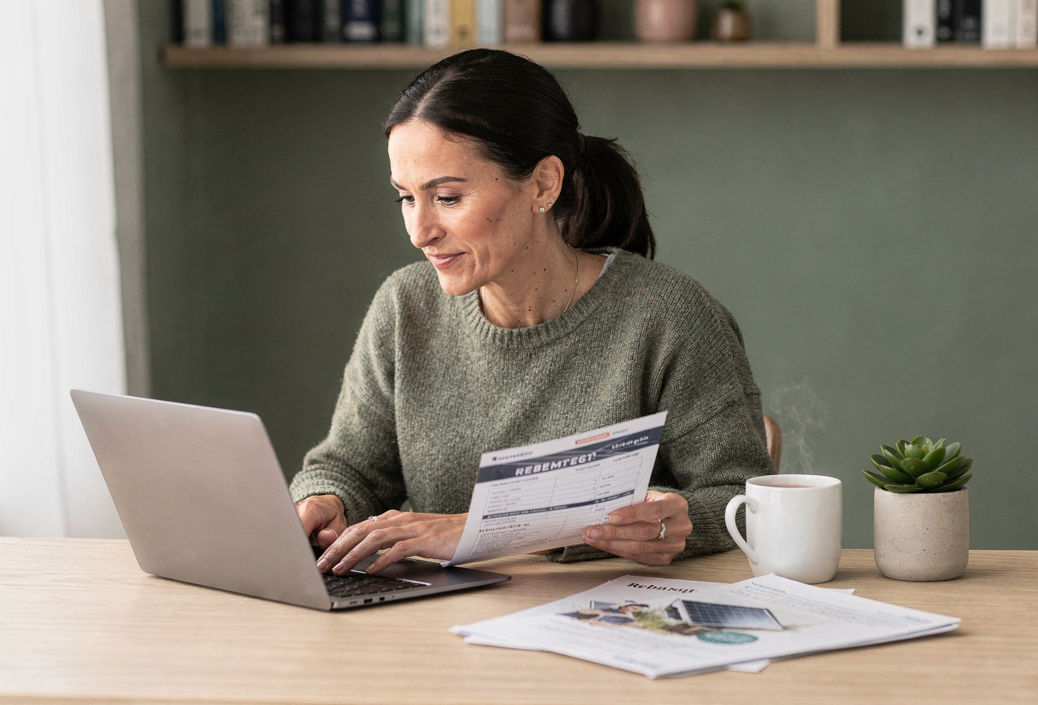 Woman comparing solar installer quotes and savings figures on a laptop at a desk