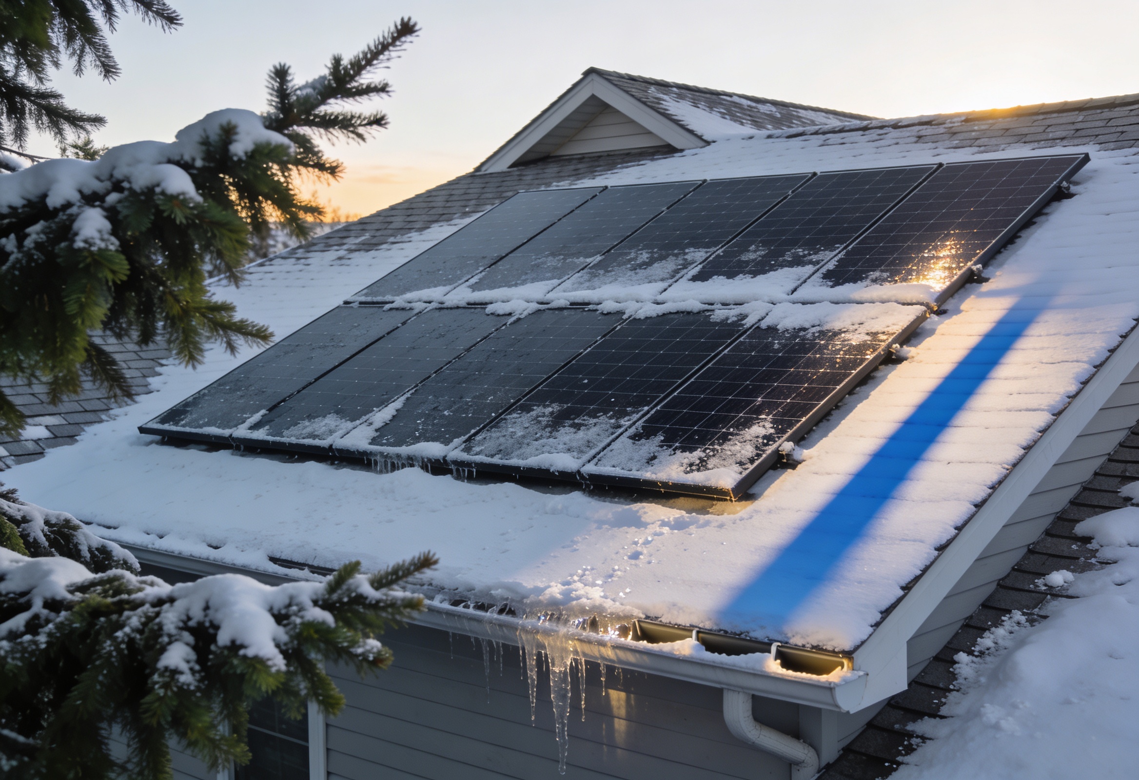 Snow partially melting off rooftop solar panels on a clear winter morning