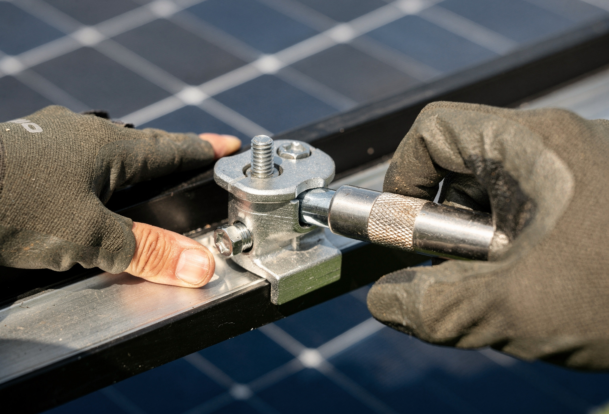 Close-up of gloved hands torquing a clamp that secures a solar panel frame